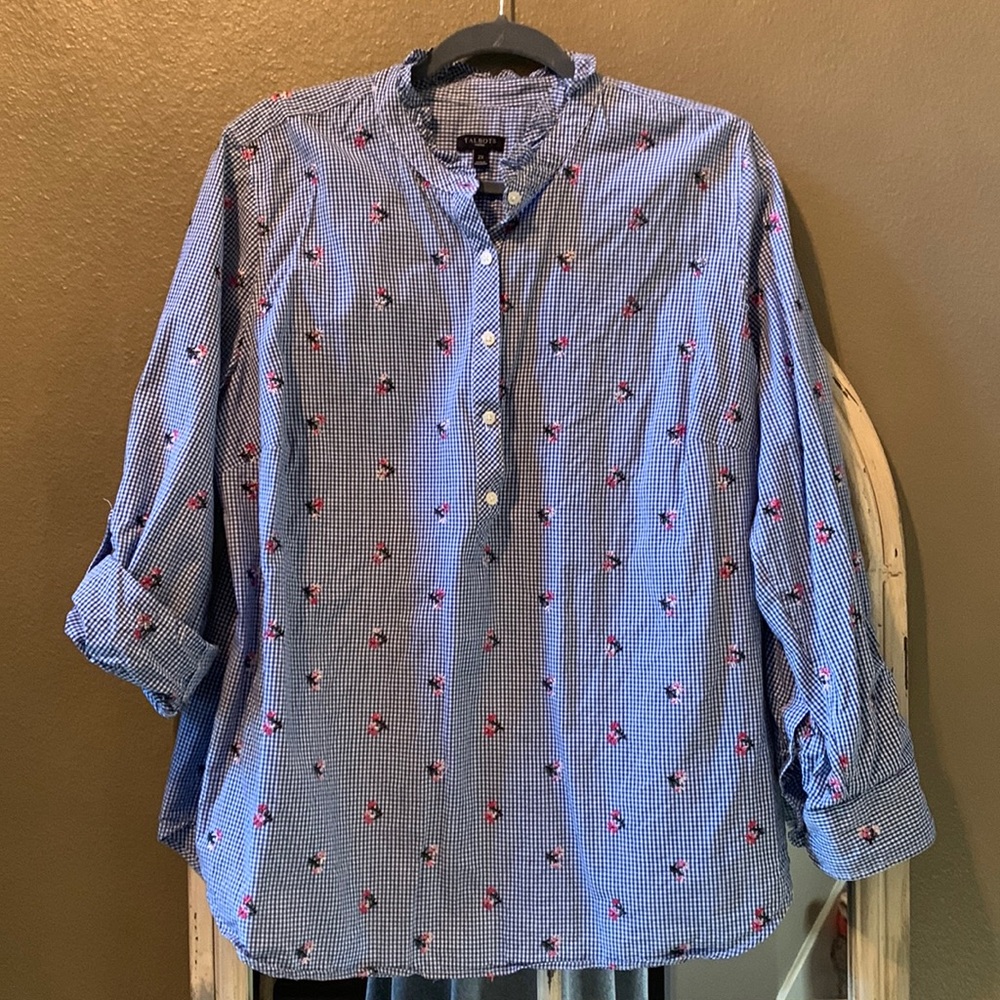 Talbots blue and white gingham with link flowers shirt.